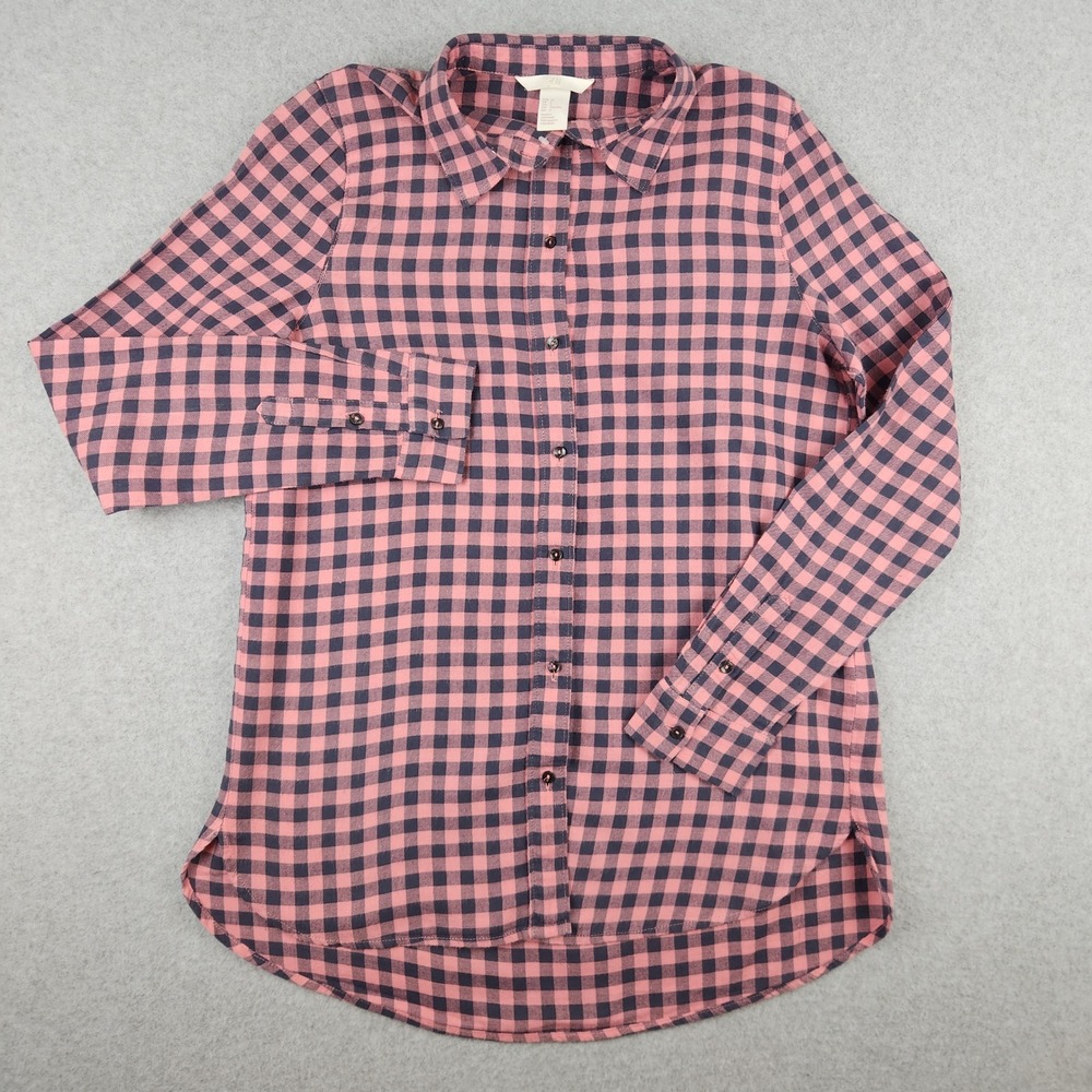 H&M Pink Navy Gingham Check Long Sleeve Button Down Shirt Women Size 2